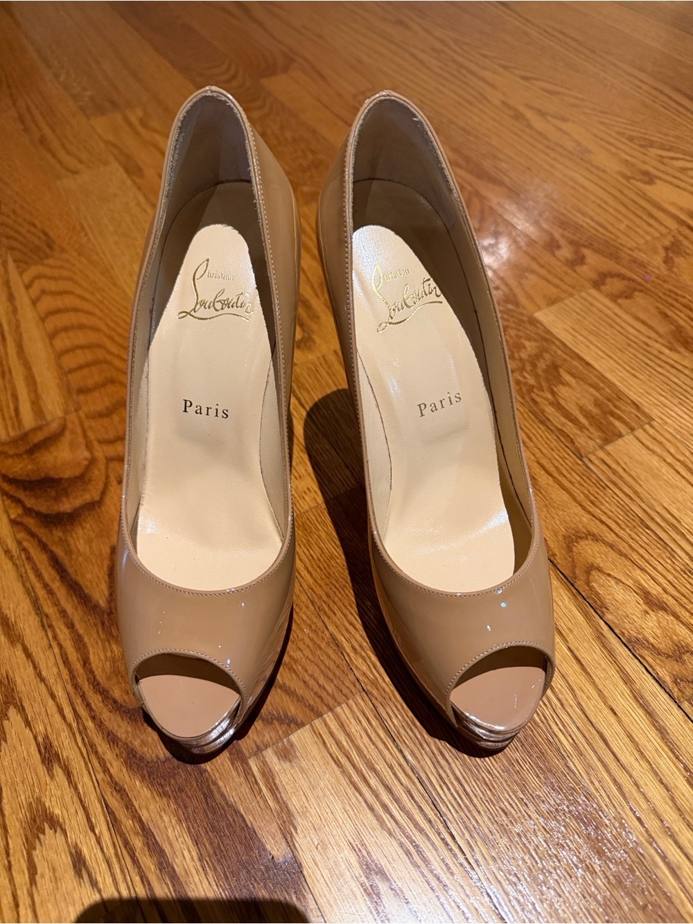 Christian Louboutin Beige Patent Peep-Toe Pumps $450